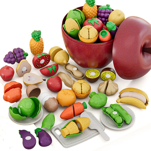 25 PCS Cutting Play Food Toy for Kids Fruit & Vegetables Accessories with Shopping Storage Basket, Plastic Mini Dishes and Knife, Educational Toy for Toddler Children Birthday Gift