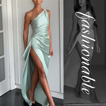 🎁New arrival 57% OFF💥Fits Your Curves Satin One Shoulder Drape Slit Maxi Dress