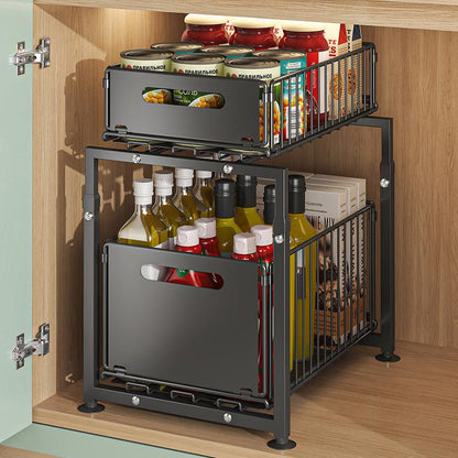 🎉 2026 Sale — Over 31,000 Sold! 🗄️ Carbon Steel Double-Tier Pull Out Cabinet Organizer – Independent Slides, 5 Height Levels – Heavy Items, Easy Access! ✨